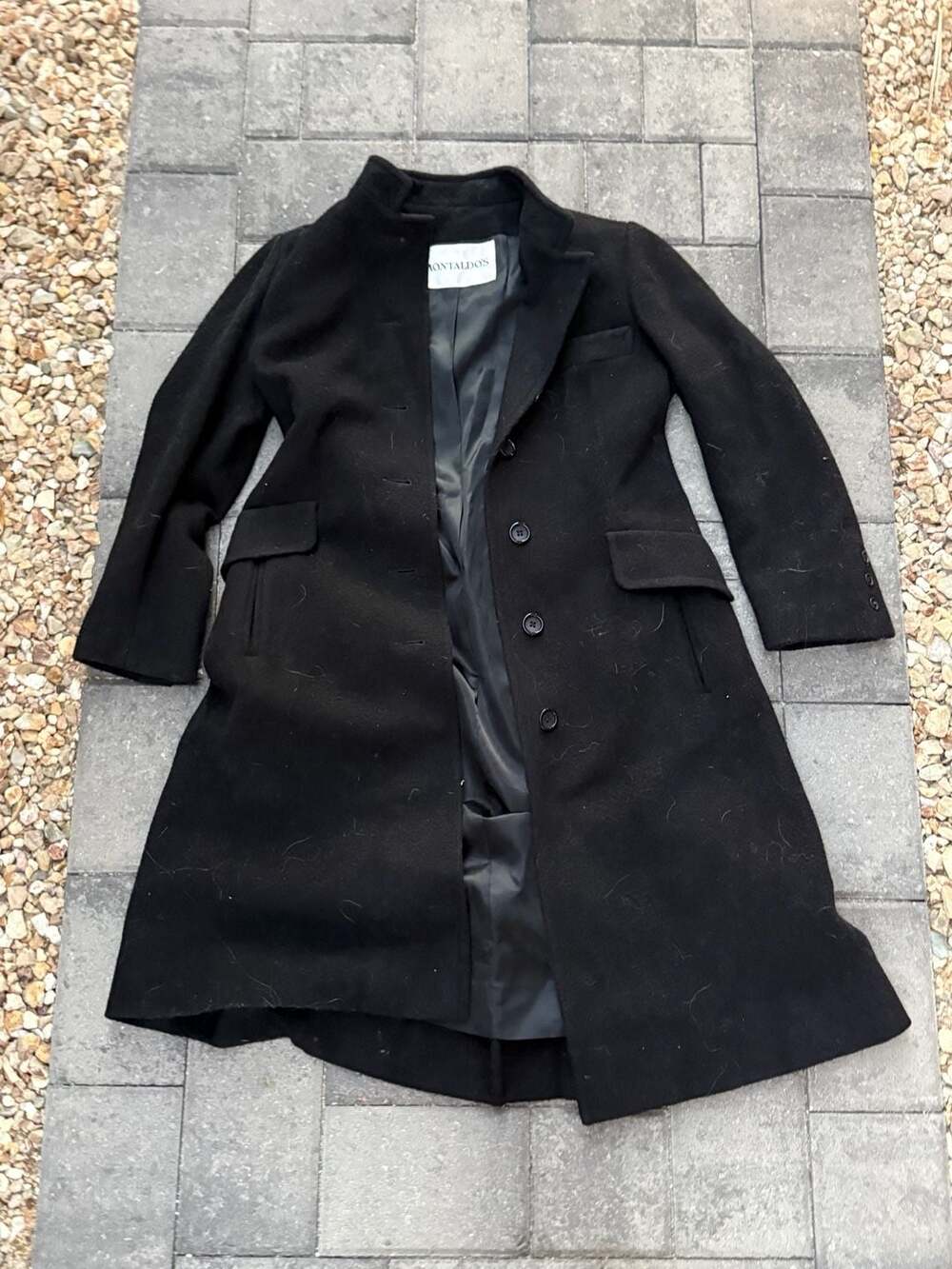 Montaldo's Vintage Black Wool Long Winter Coat with Back Belt